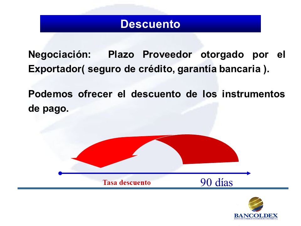 Descuento Negociación: Plazo Proveedor otorgado por el Exportador( seguro de crédito, garantía bancaria ).