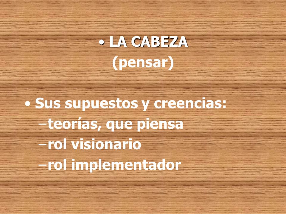LA CABEZA (pensar) Sus supuestos y creencias: teorías, que piensa rol visionario rol implementador