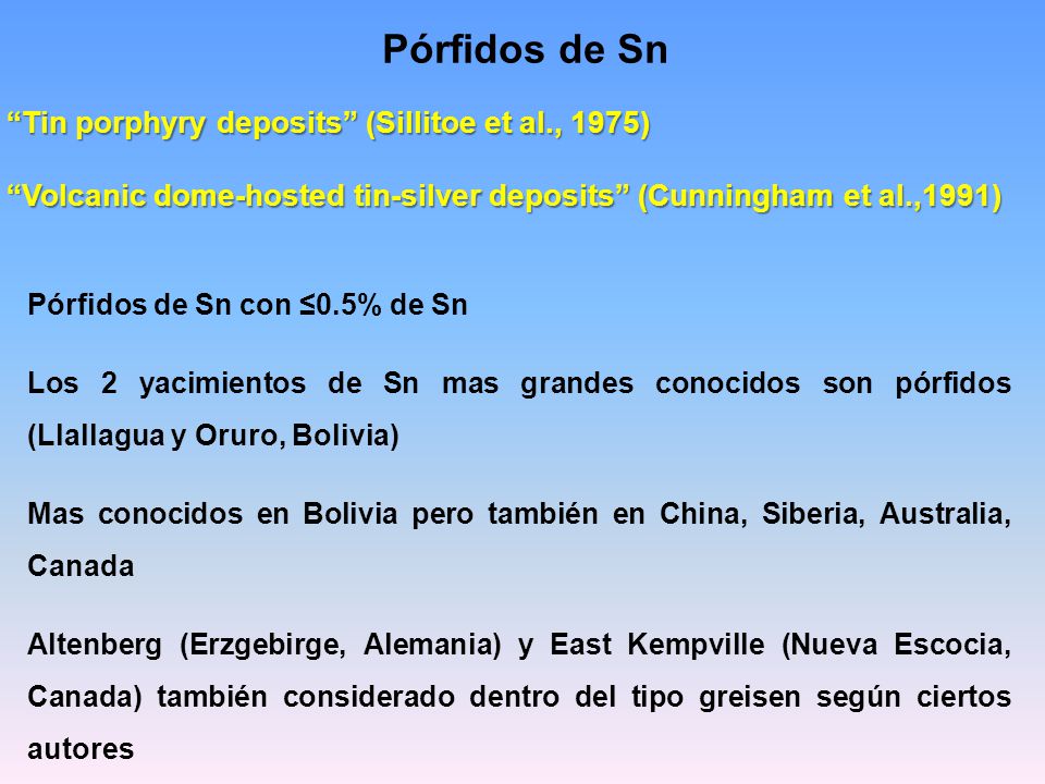 Pórfidos de Sn Tin porphyry deposits (Sillitoe et al., 1975)
