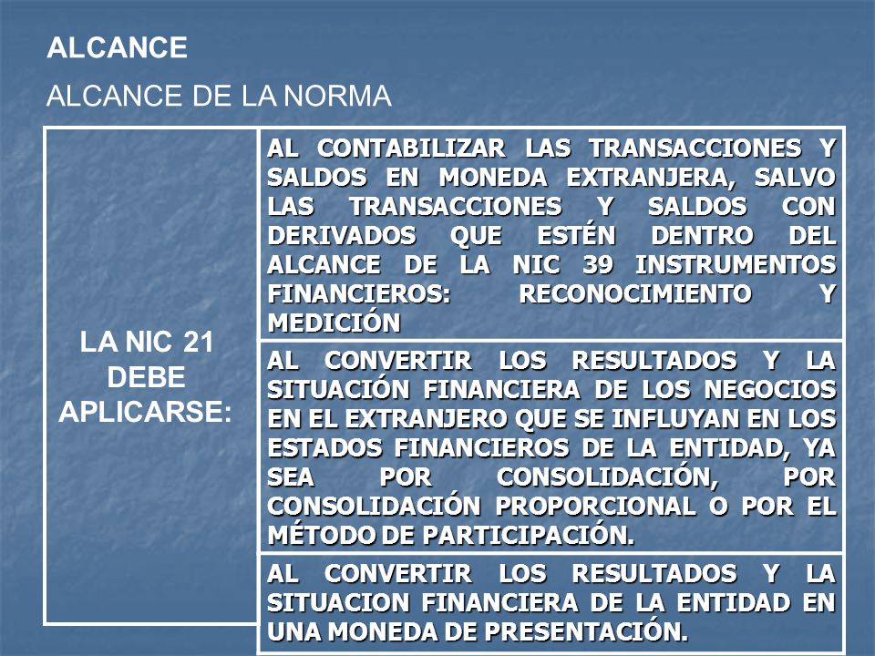 ALCANCE ALCANCE DE LA NORMA LA NIC 21 DEBE APLICARSE: