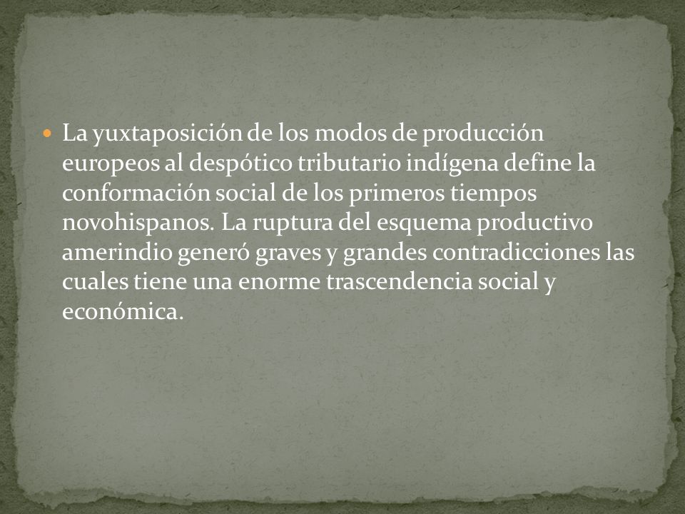 La yuxtaposición de los modos de producción europeos al despótico tributario indígena define la conformación social de los primeros tiempos novohispanos.