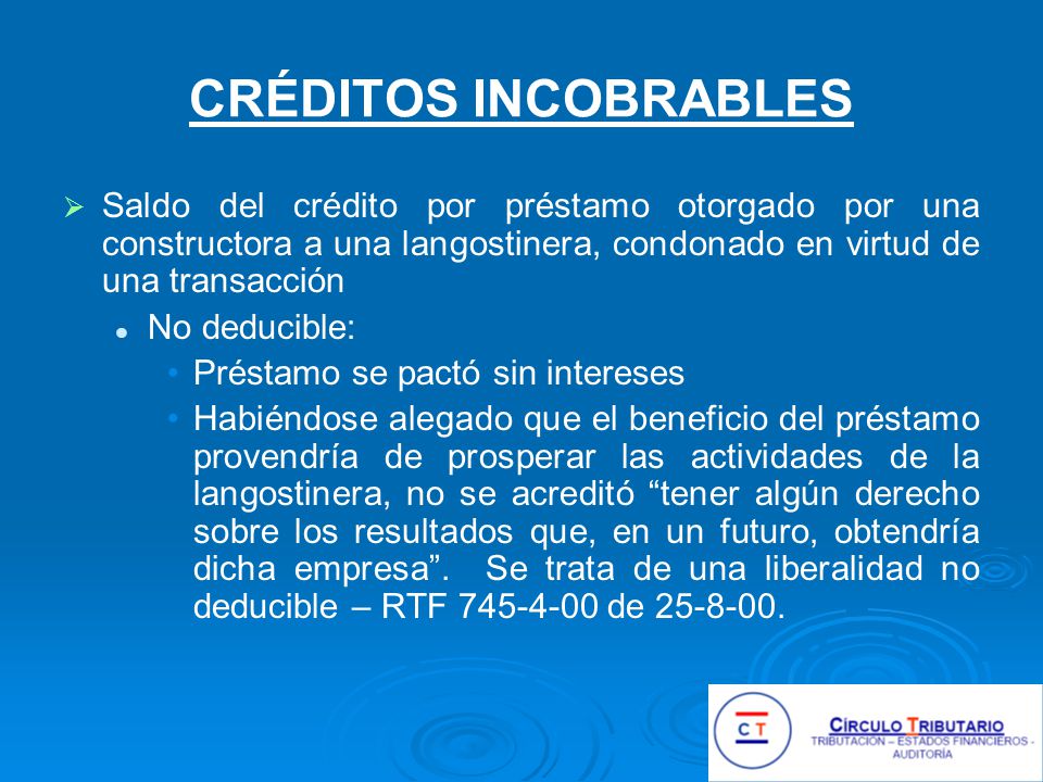CRÉDITOS INCOBRABLES Saldo del crédito por préstamo otorgado por una constructora a una langostinera, condonado en virtud de una transacción.