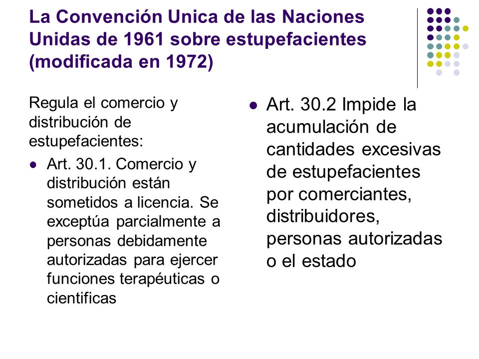 La Convención Unica de las Naciones Unidas de 1961 sobre estupefacientes (modificada en 1972)