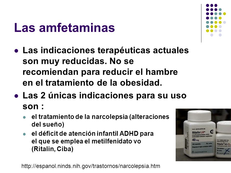 Las amfetaminas Las indicaciones terapéuticas actuales son muy reducidas. No se recomiendan para reducir el hambre en el tratamiento de la obesidad.