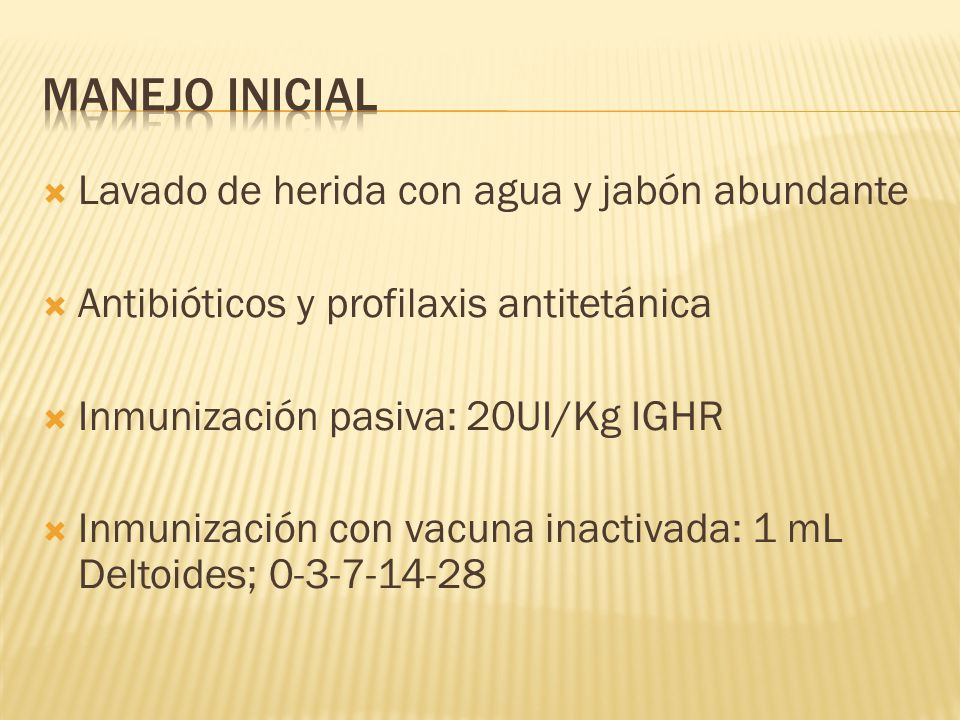 Manejo inicial Lavado de herida con agua y jabón abundante