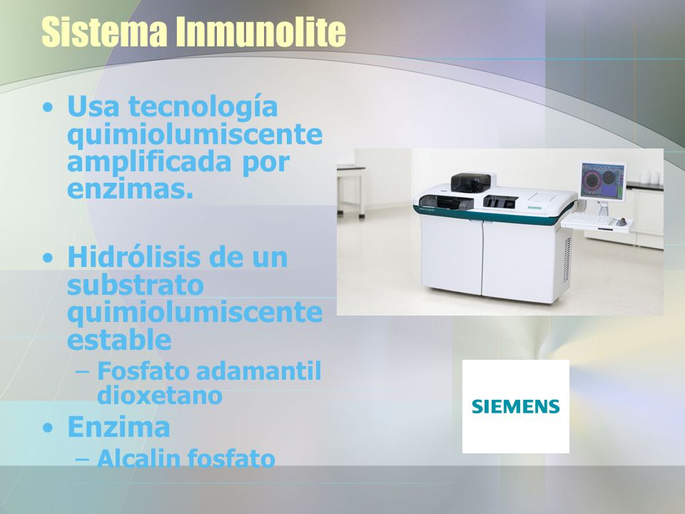 Sistema Inmunolite Usa tecnología quimiolumiscente amplificada por enzimas. Hidrólisis de un substrato quimiolumiscente estable.