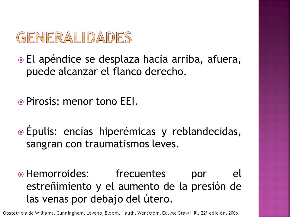 generalidades El apéndice se desplaza hacia arriba, afuera, puede alcanzar el flanco derecho. Pirosis: menor tono EEI.