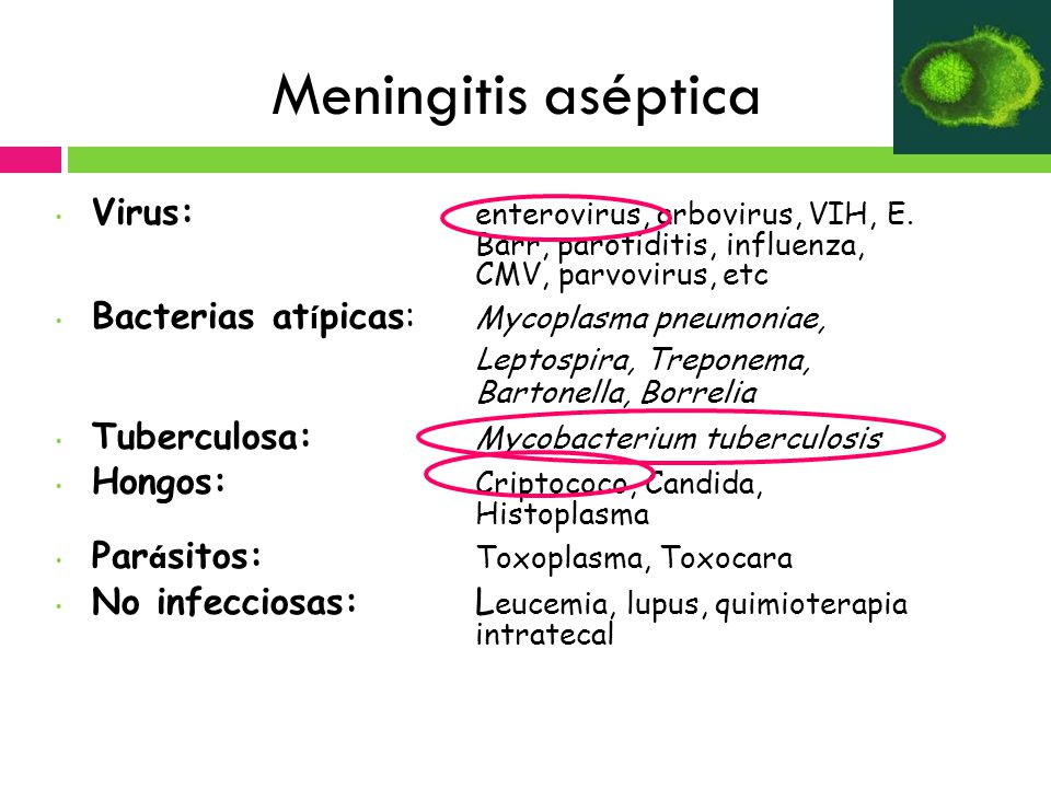 Meningitis aséptica Virus: enterovirus, arbovirus, VIH, E. Barr, parotiditis, influenza, CMV, parvovirus, etc.