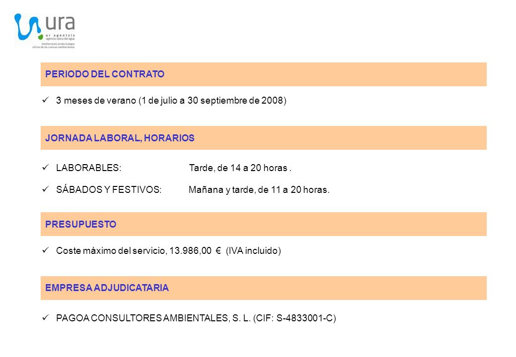 PERIODO DEL CONTRATO 3 meses de verano (1 de julio a 30 septiembre de 2008) JORNADA LABORAL, HORARIOS.
