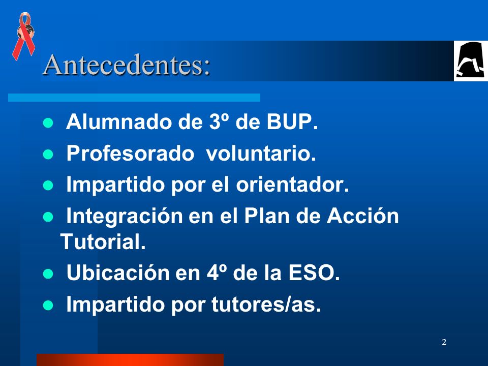 Antecedentes: Alumnado de 3º de BUP. Profesorado voluntario.