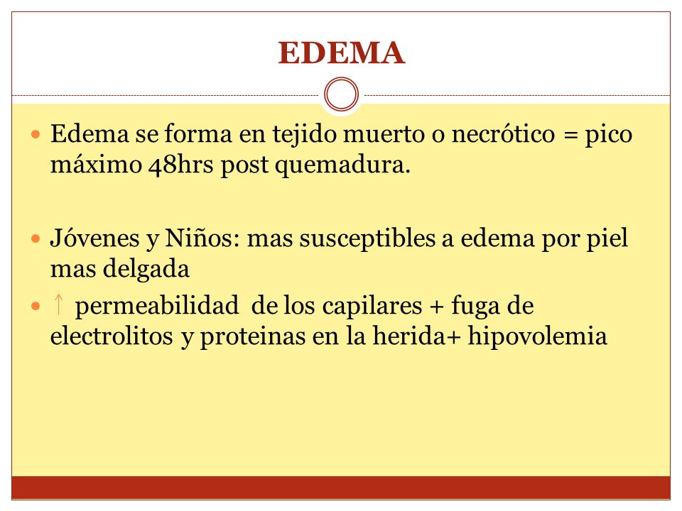 EDEMA Edema se forma en tejido muerto o necrótico = pico máximo 48hrs post quemadura. Jóvenes y Niños: mas susceptibles a edema por piel mas delgada.