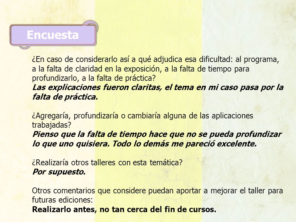 ¿En caso de considerarlo así a qué adjudica esa dificultad: al programa, a la falta de claridad en la exposición, a la falta de tiempo para profundizarlo, a la falta de práctica