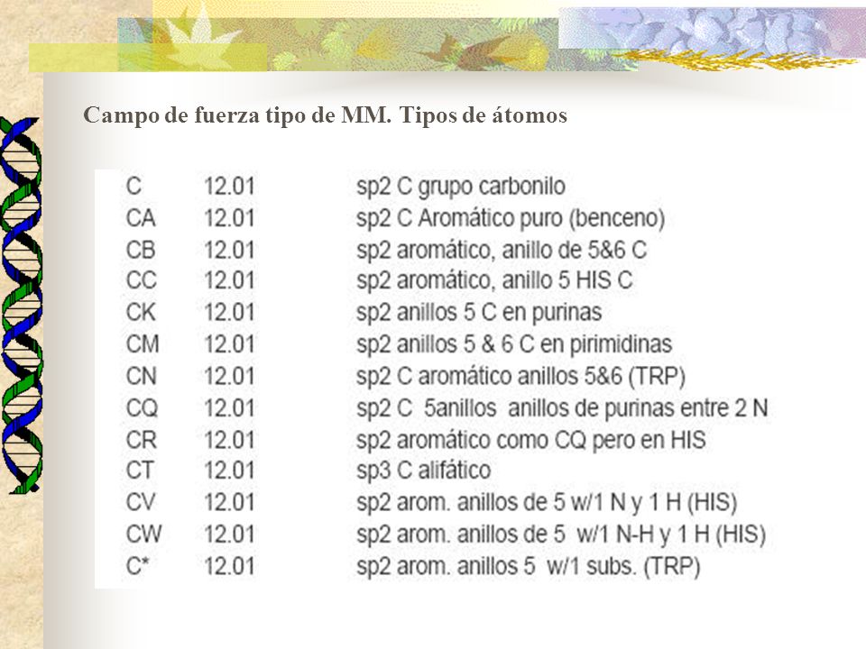 Campo de fuerza tipo de MM. Tipos de átomos