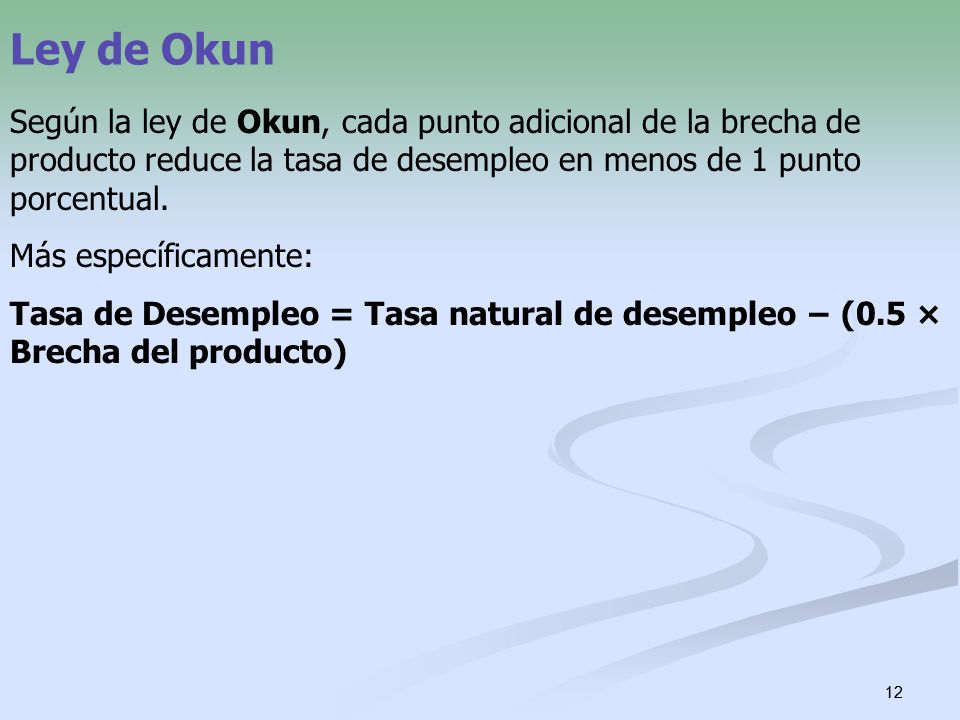 Ley de Okun Según la ley de Okun, cada punto adicional de la brecha de producto reduce la tasa de desempleo en menos de 1 punto porcentual.
