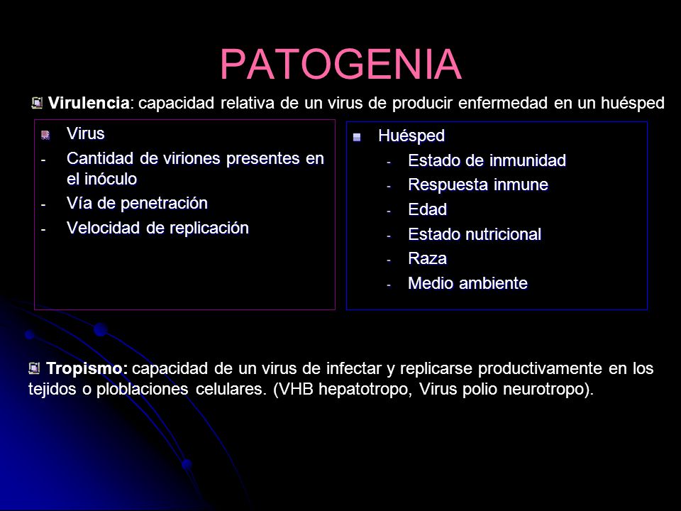 PATOGENIA Virulencia: capacidad relativa de un virus de producir enfermedad en un huésped. Virus. Cantidad de viriones presentes en el inóculo.