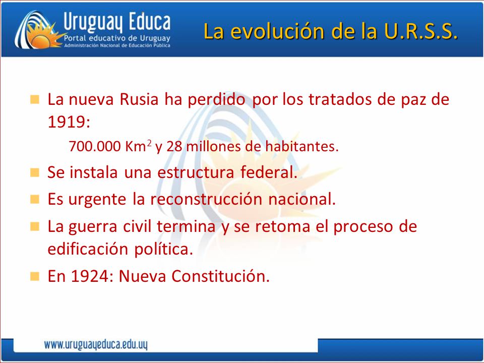 La evolución de la U.R.S.S. La nueva Rusia ha perdido por los tratados de paz de 1919: Km2 y 28 millones de habitantes.