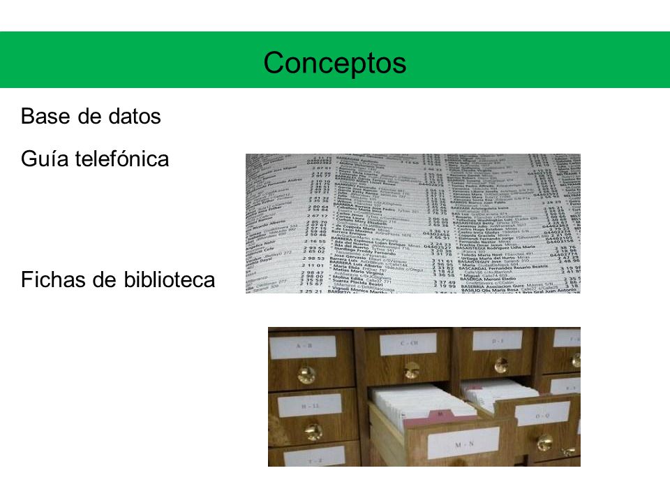 Conceptos Base de datos Guía telefónica Fichas de biblioteca