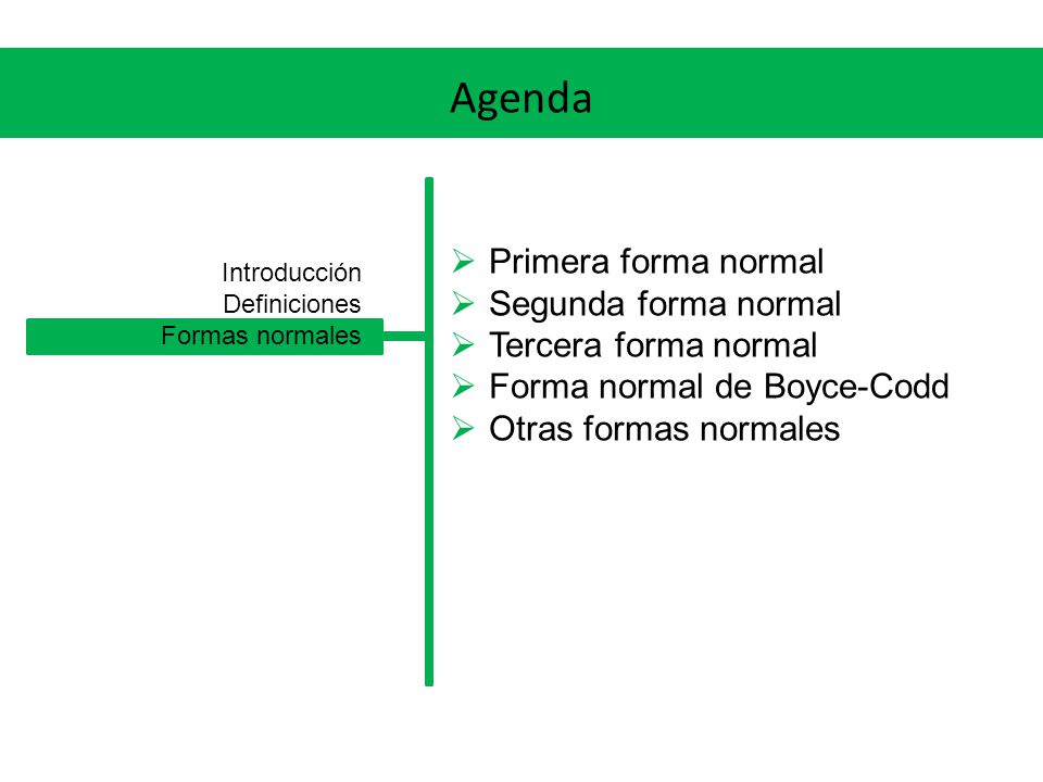 Agenda Primera forma normal Segunda forma normal Tercera forma normal