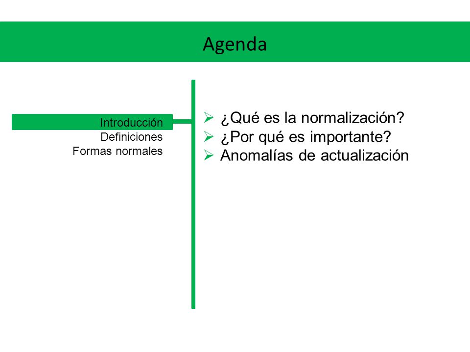 Agenda ¿Qué es la normalización ¿Por qué es importante