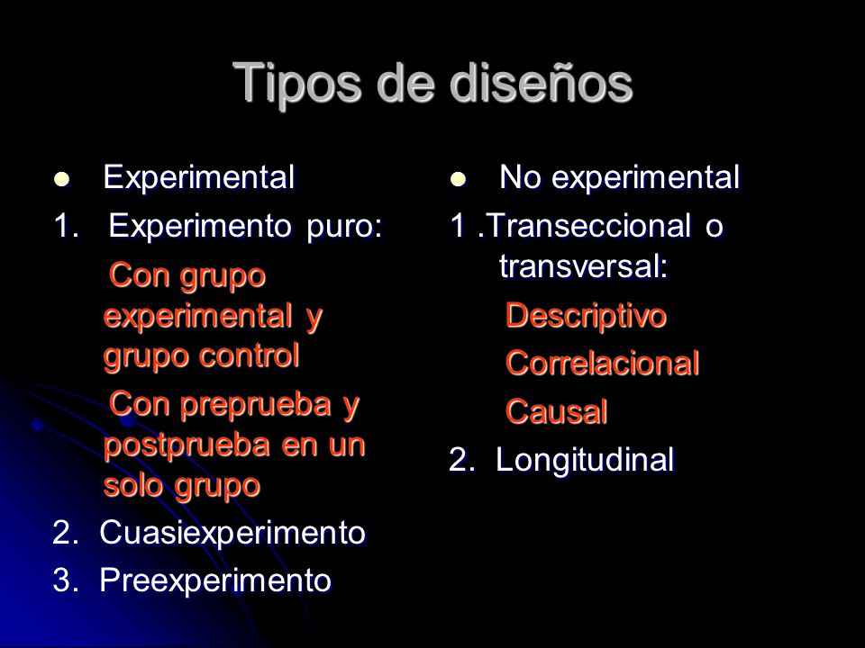 Tipos de diseños Experimental 1. Experimento puro: