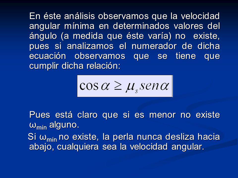 En éste análisis observamos que la velocidad angular mínima en determinados valores del ángulo (a medida que éste varía) no existe, pues si analizamos el numerador de dicha ecuación observamos que se tiene que cumplir dicha relación: