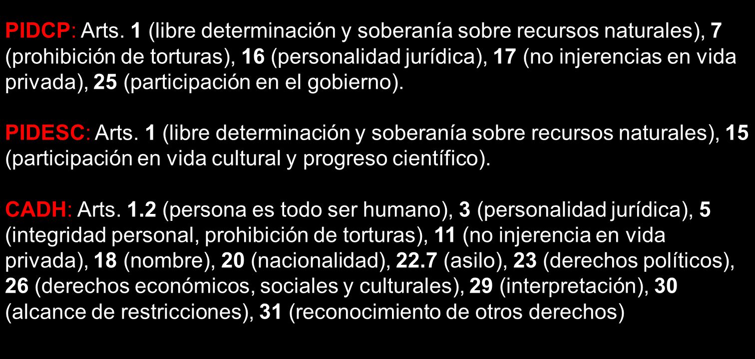 PIDCP: Arts. 1 (libre determinación y soberanía sobre recursos naturales), 7 (prohibición de torturas), 16 (personalidad jurídica), 17 (no injerencias en vida privada), 25 (participación en el gobierno).