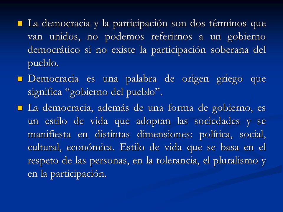 La democracia y la participación son dos términos que van unidos, no podemos referirnos a un gobierno democrático si no existe la participación soberana del pueblo.