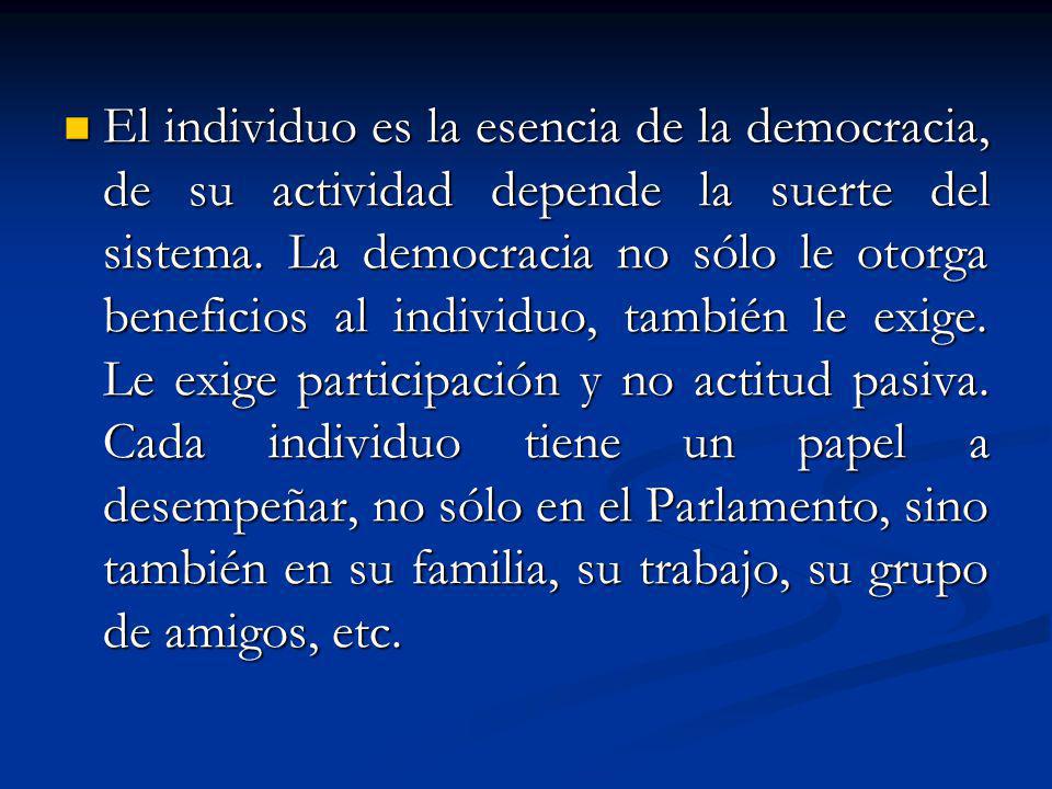 El individuo es la esencia de la democracia, de su actividad depende la suerte del sistema.