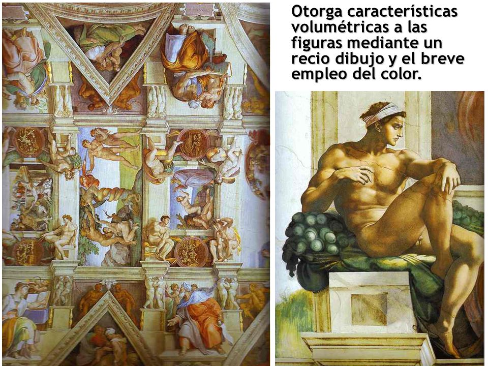 Otorga características volumétricas a las figuras mediante un recio dibujo y el breve empleo del color.