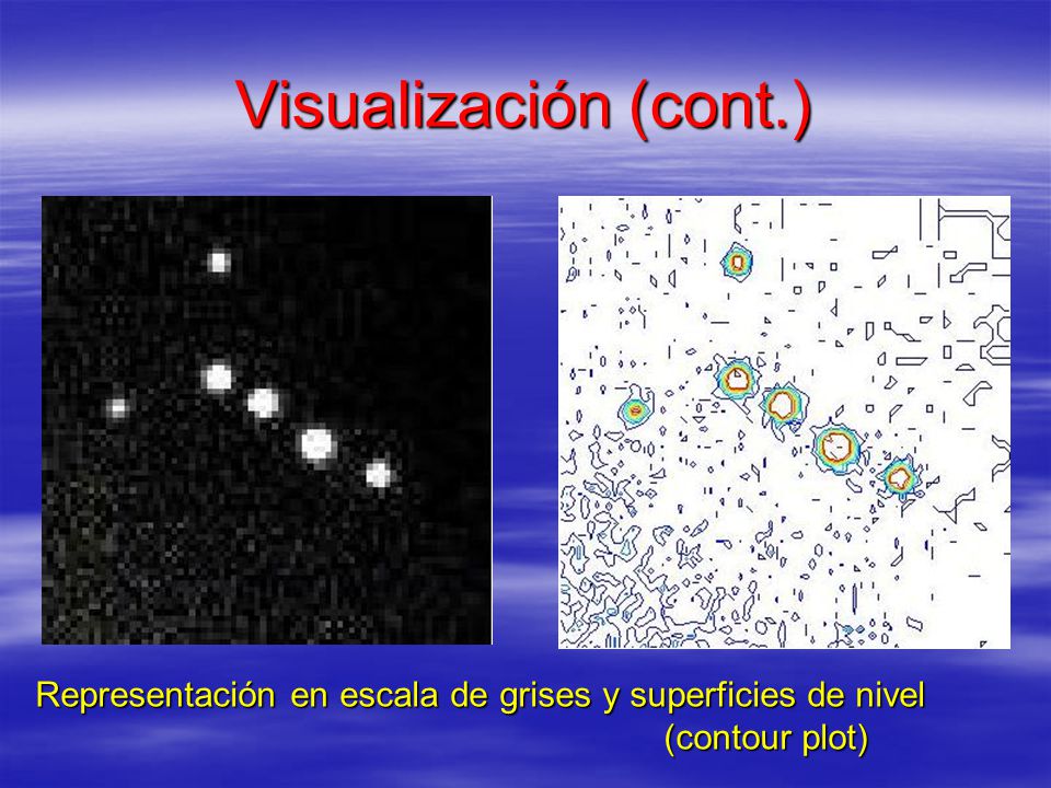 Visualización (cont.) Representación en escala de grises y superficies de nivel (contour plot)