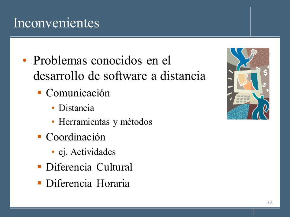 Inconvenientes Problemas conocidos en el desarrollo de software a distancia. Comunicación. Distancia.