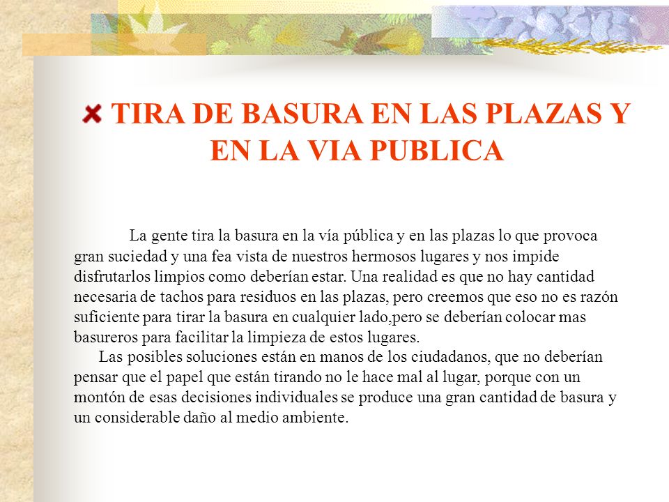 TIRA DE BASURA EN LAS PLAZAS Y EN LA VIA PUBLICA