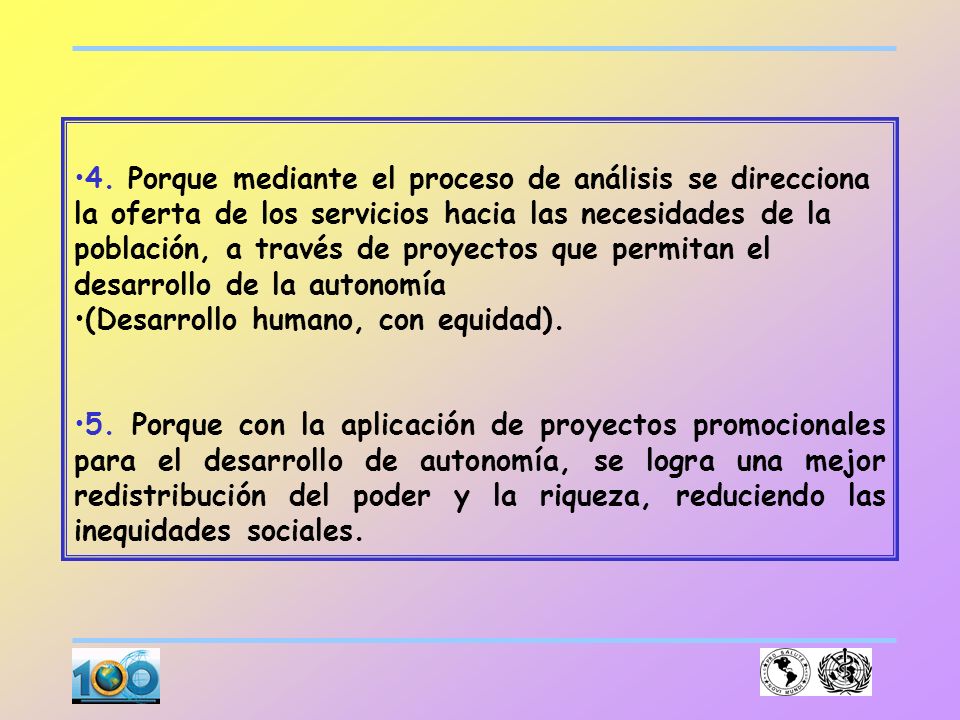 4. Porque mediante el proceso de análisis se direcciona la oferta de los servicios hacia las necesidades de la población, a través de proyectos que permitan el desarrollo de la autonomía
