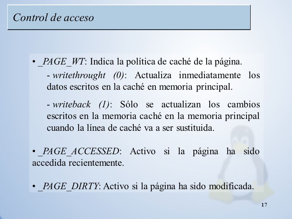 Control de acceso _PAGE_WT: Indica la política de caché de la página.