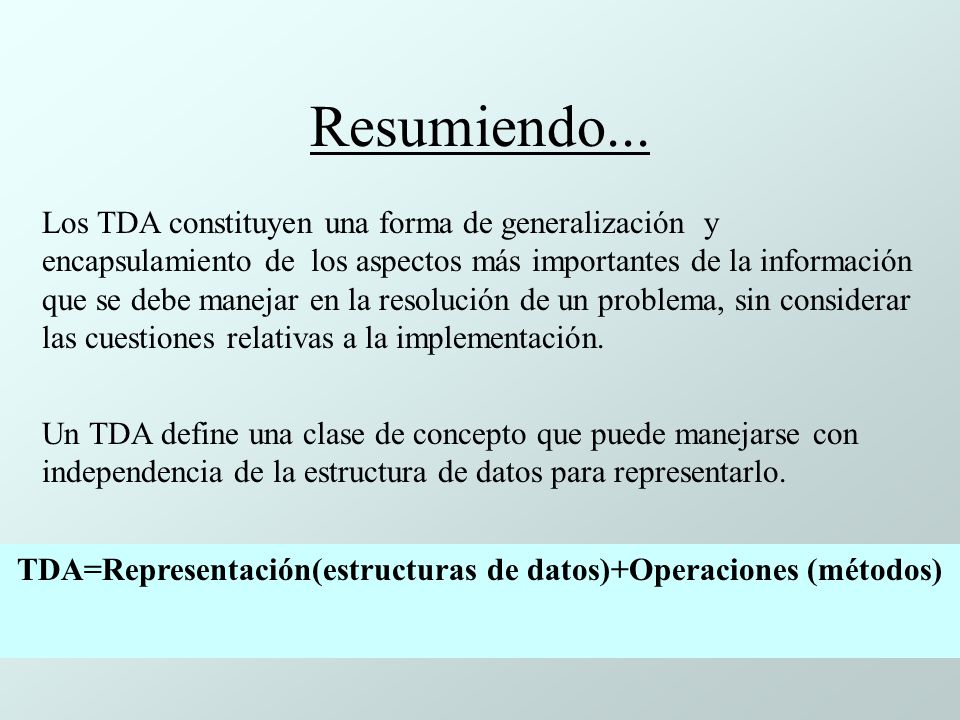 TDA=Representación(estructuras de datos)+Operaciones (métodos)