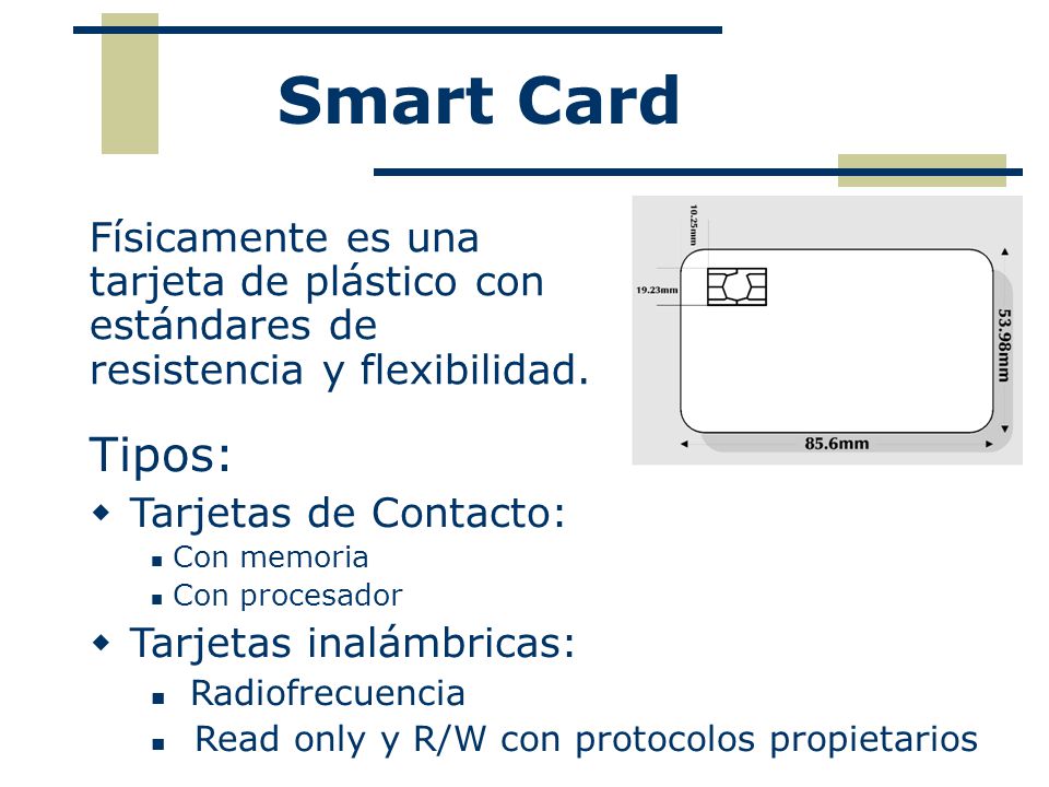 Smart Card Físicamente es una tarjeta de plástico con estándares de resistencia y flexibilidad. Tipos: