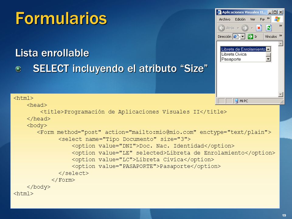 Formularios Lista enrollable SELECT incluyendo el atributo Size