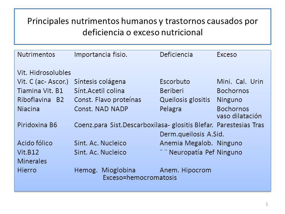 Principales nutrimentos humanos y trastornos causados por deficiencia o exceso nutricional