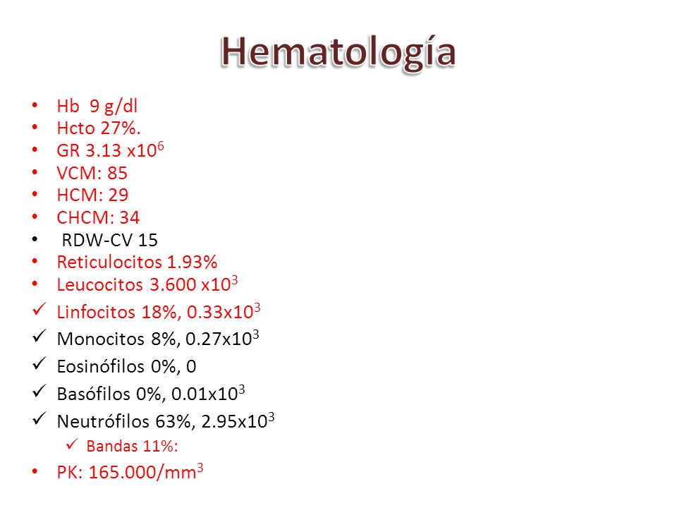 Hematología Hb 9 g/dl Hcto 27%. GR 3.13 x106 VCM: 85 HCM: 29 CHCM: 34