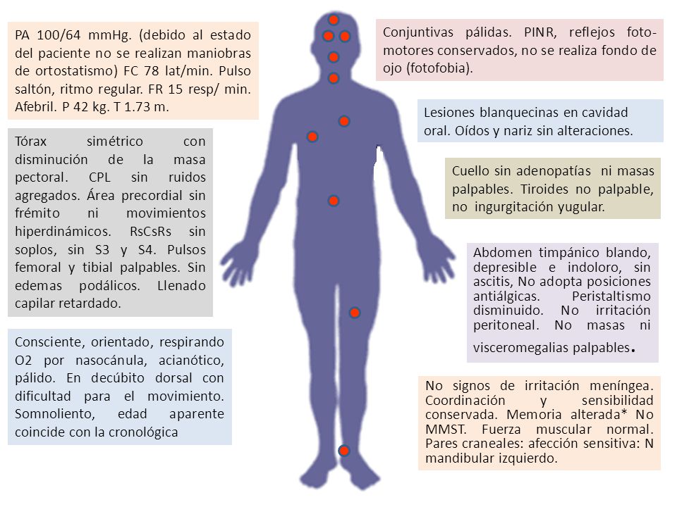 PA 100/64 mmHg. (debido al estado del paciente no se realizan maniobras de ortostatismo) FC 78 lat/min. Pulso saltón, ritmo regular. FR 15 resp/ min. Afebril. P 42 kg. T 1.73 m.