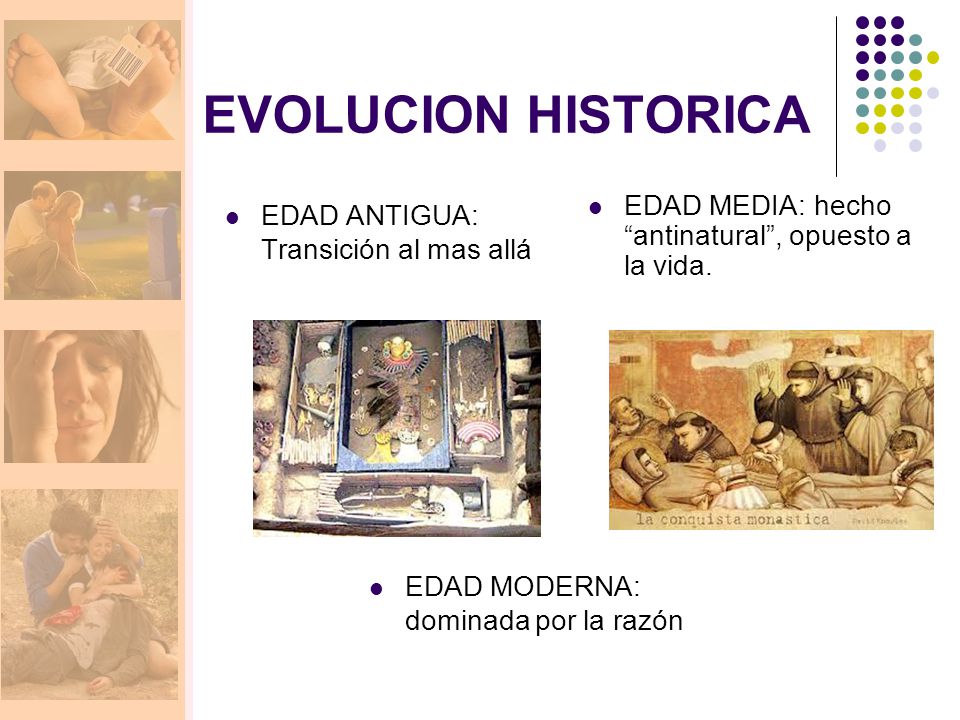 EVOLUCION HISTORICA EDAD MEDIA: hecho antinatural , opuesto a la vida. EDAD ANTIGUA: Transición al mas allá.