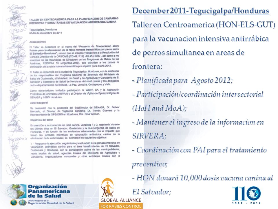 December 2011-Tegucigalpa/Honduras Taller en Centroamerica (HON-ELS-GUT) para la vacunacion intensiva antirrábica de perros simultanea en areas de frontera: - Planificada para Agosto 2012; - Participación/coordinación intersectorial (HoH and MoA); - Mantener el ingreso de la informacion en SIRVERA; - Coordinación con PAI para el tratamiento preventivo; - HON donará 10,000 dosis vacuna canina al El Salvador;