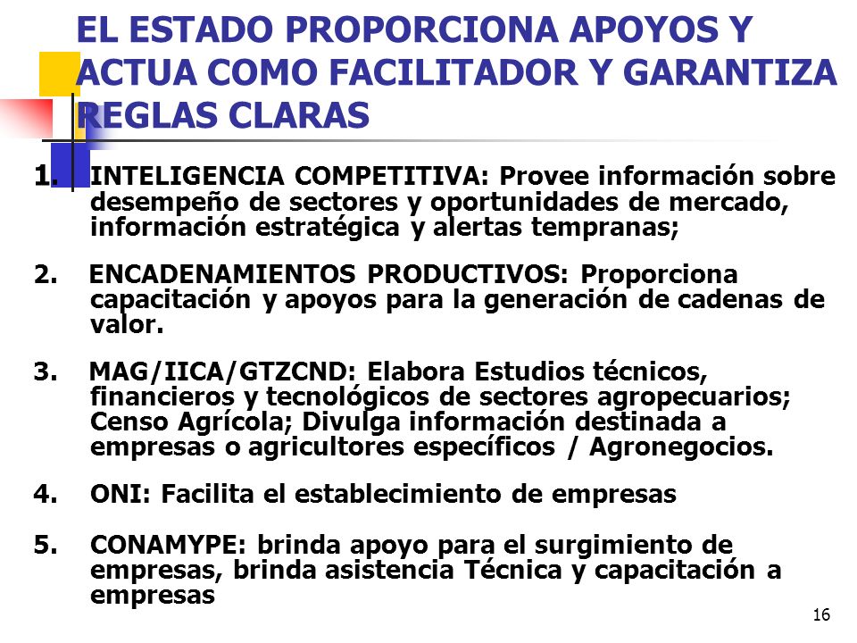 EL ESTADO PROPORCIONA APOYOS Y ACTUA COMO FACILITADOR Y GARANTIZA REGLAS CLARAS