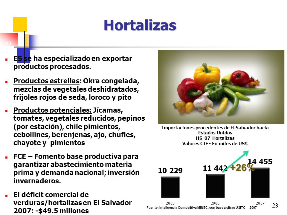 Hortalizas 23. ES se ha especializado en exportar productos procesados.