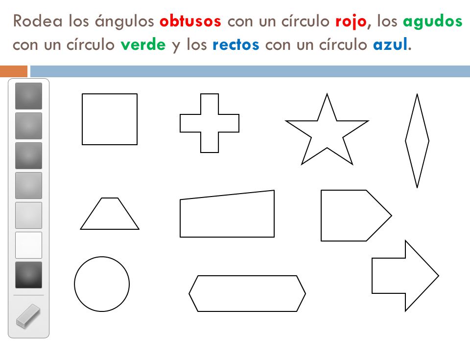 Rodea los ángulos obtusos con un círculo rojo, los agudos con un círculo verde y los rectos con un círculo azul.