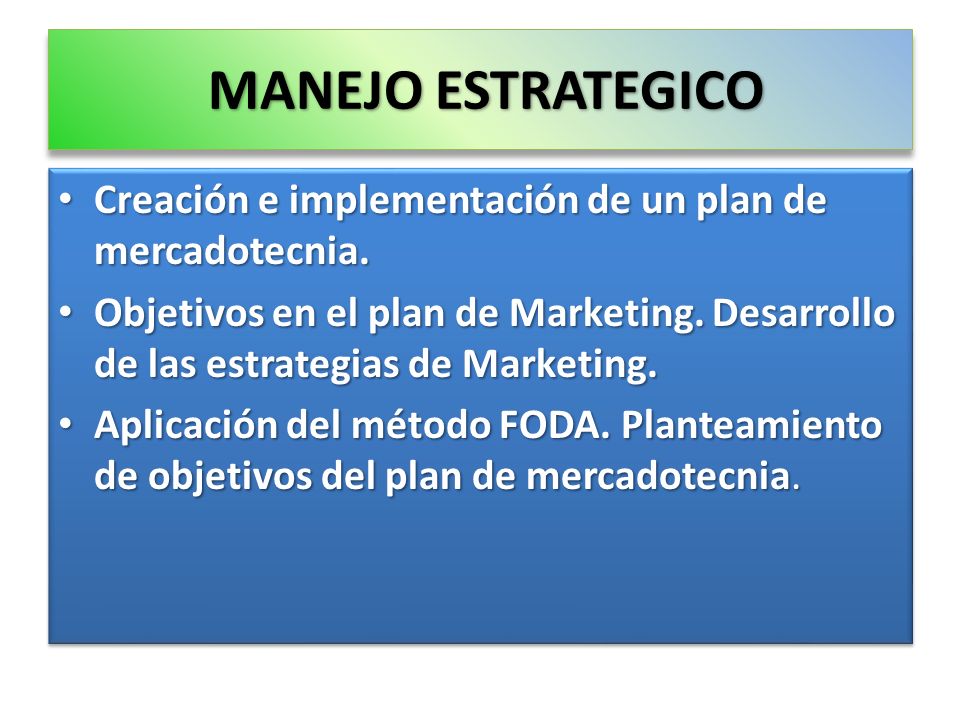 MANEJO ESTRATEGICO Creación e implementación de un plan de mercadotecnia.