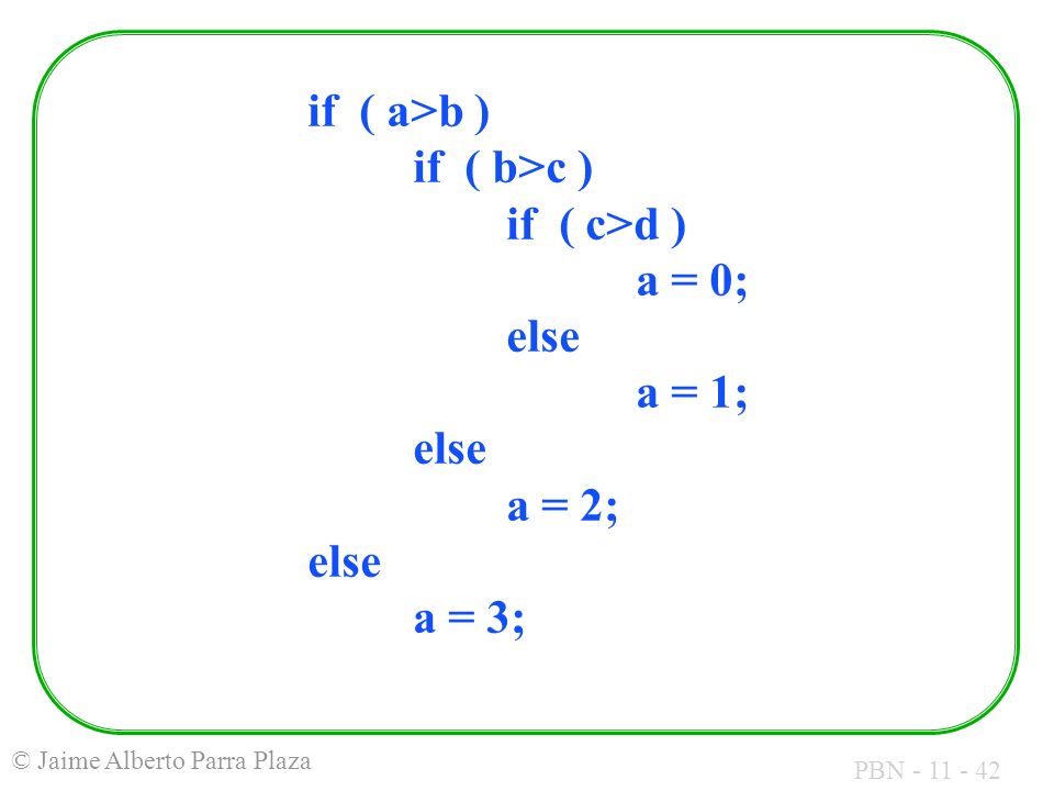 if ( a>b ) if ( b>c ) if ( c>d ) a = 0; else a = 1; else a = 2; else a = 3;