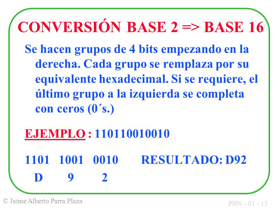 CONVERSIÓN BASE 2 => BASE 16