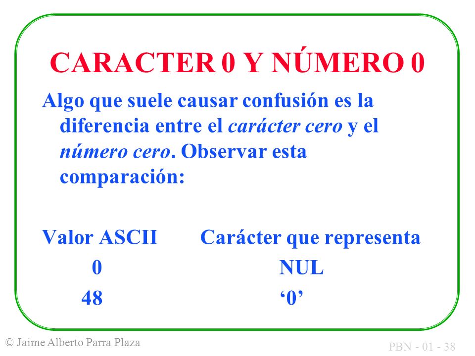 CARACTER 0 Y NÚMERO 0 Algo que suele causar confusión es la diferencia entre el carácter cero y el número cero. Observar esta comparación: