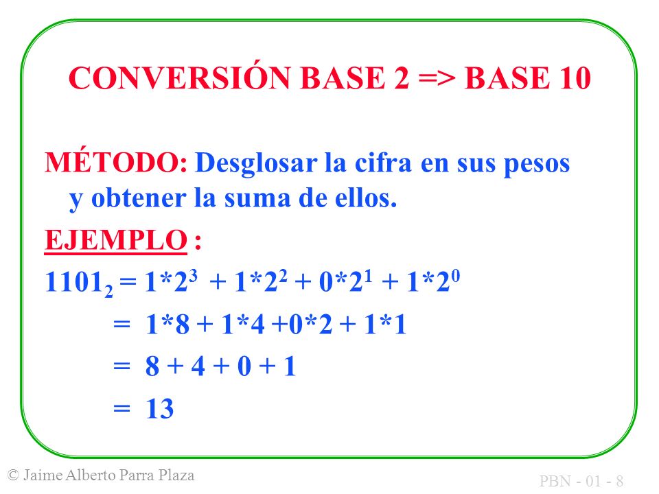 CONVERSIÓN BASE 2 => BASE 10